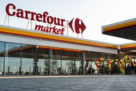 Katy Wroclawskie, Poland - December 20, 2019: Official big opening of Carrefour discount market at...