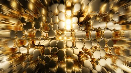 Abstract 3d rendering of golden square cylinder blocks surface. Futuristic background with extruded cylinders shape. High resolution 8k.の写真素材