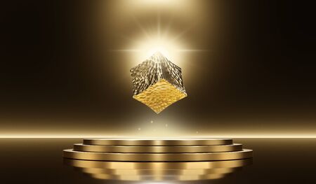 Abstract 3d rendering of golden cube suspended in the air above the golden circles. Futuristic background wallpaper in High resolution 8k.の写真素材