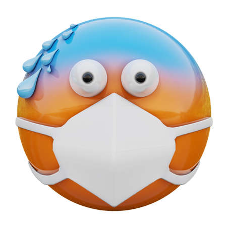 3D render of yellow emojiface with cold sweat and medical mask protecting from coronavirus 2019-nCoV, MERS-nCoV, sars, bird flu and other viruses, germs and bacteria and contagious disease.の写真素材