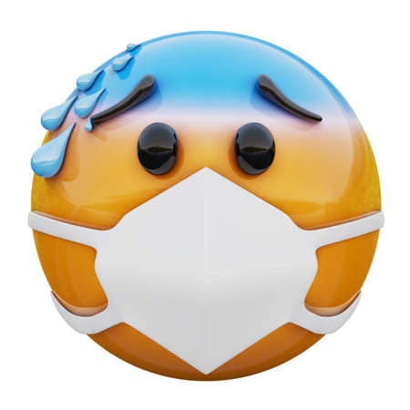 3D render of yellow emojiface with cold sweat and medical mask protecting from coronavirus 2019-nCoV, MERS-nCoV, sars, bird flu and other viruses, germs and bacteria and contagious disease.の写真素材