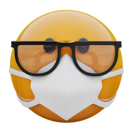 3D render of yellow emojiface with nerd glasses and medical mask protecting from coronavirus 2019-nCoV, MERS-nCoV, sars, bird flu and other viruses, germs and bacteria and contagious disease.の写真素材