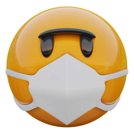 3D render of angry yellow emojiface in medical mask protecting from coronavirus 2019-nCoV, MERS-nCoV, sars, bird flu and other viruses, germs and bacteria and contagious disease.の写真素材