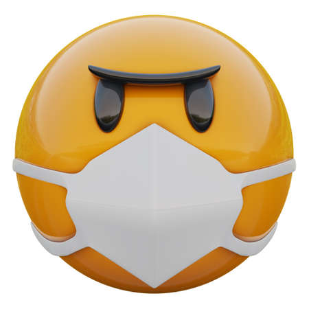 3D render of angry yellow emojiface in medical mask protecting from coronavirus 2019-nCoV, MERS-nCoV, sars, bird flu and other viruses, germs and bacteria and contagious disease.の写真素材