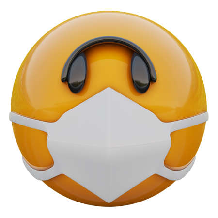 3D render of very sad yellow emojiface in medical mask protecting from coronavirus 2019-nCoV, MERS-nCoV, sars, bird flu and other viruses, germs and bacteria and contagious disease.の写真素材