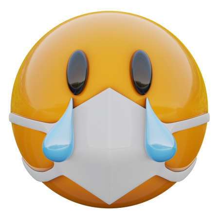 3D render of crying sad yellow emojiface in medical mask protecting from coronavirus 2019-nCoV, MERS-nCoV, sars, bird flu and other viruses, germs and bacteria and contagious disease.の写真素材