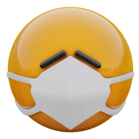 3D render of very sad yellow emojiface in medical mask protecting from coronavirus 2019-nCoV, MERS-nCoV, sars, bird flu and other viruses, germs and bacteria and contagious disease.の写真素材