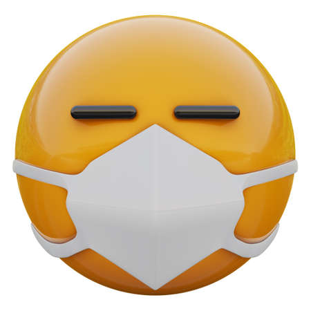 3D render of angry yellow emojiface in medical mask protecting from coronavirus 2019-nCoV, MERS-nCoV, sars, bird flu and other viruses, germs and bacteria and contagious disease.の写真素材