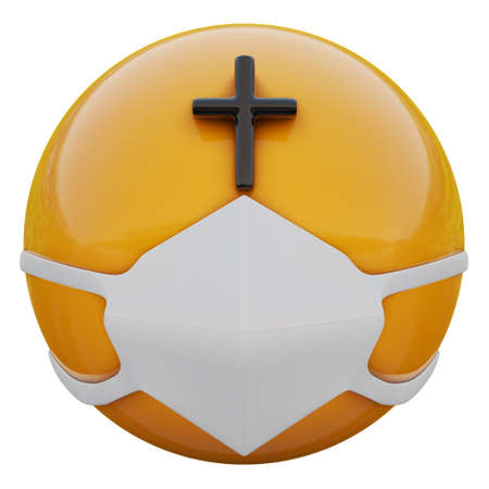 3D render of religious fanaticyellow emojiface in medical mask protecting from coronavirus 2019-nCoV, MERS-nCoV, sars, bird flu and other viruses, germs and bacteria and contagious disease.の写真素材