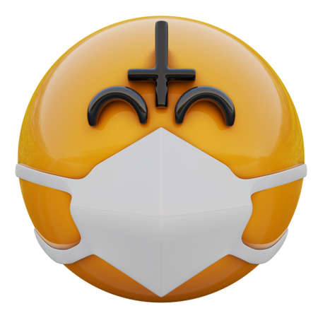 3D render of happy antichrist yellow emojiface in medical mask protecting from coronavirus 2019-nCoV, MERS-nCoV, sars, bird flu and other viruses, germs and bacteria and contagious disease.の写真素材