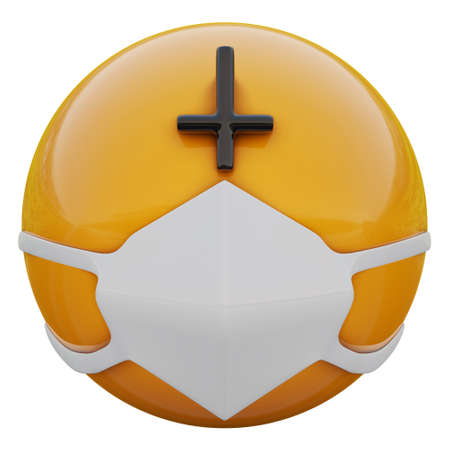 3D render of antichrist yellow emojiface in medical mask protecting from coronavirus 2019-nCoV, MERS-nCoV, sars, bird flu and other viruses, germs and bacteria and contagious disease.の写真素材