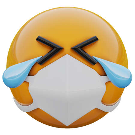 3D render of laughing yellow emojiface in medical mask protecting from coronavirus 2019-nCoV, MERS-nCoV, sars, bird flu and other viruses, germs and bacteria and contagious disease.の写真素材