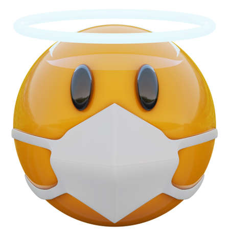 3D render of saint innocent angel yellow emojiface in medical mask protecting from coronavirus 2019-nCoV, MERS-nCoV, sars, bird flu and other viruses, germs and bacteria and contagious disease.の写真素材