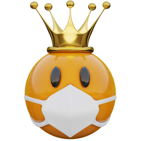 3D render of king yellow emojiface with golden crown and medical mask protecting from coronavirus...