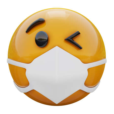 3D render of yellow emojiface that wink in medical mask protecting from coronavirus 2019-nCoV, MERS-nCoV, sars, bird flu and other viruses, germs and bacteria and contagious disease.の写真素材