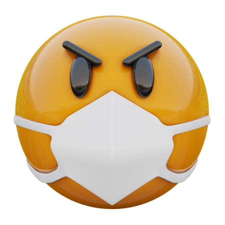 3D render of very angry yellow emojiface in medical mask protecting from coronavirus 2019-nCoV, MERS-nCoV, sars, bird flu and other viruses, germs and bacteria and contagious disease.の写真素材