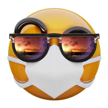 3D render of yellow emojiface with sunglasses and medical mask protecting from coronavirus 2019-nCoV, MERS-nCoV, sars, bird flu and other viruses, germs and bacteria and contagious disease.の写真素材