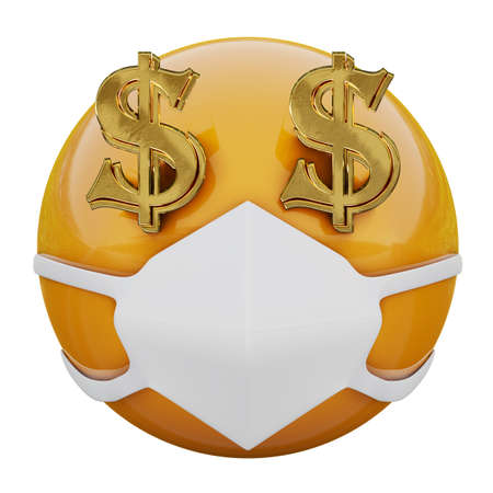 3D render of yellow emojiface with eyes-dollars and medical mask protecting from coronavirus 2019-nCoVの写真素材