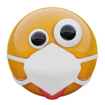 3D render of crazy emojiface in medical mask protecting from coronavirus 2019-nCoV, MERS-nCoV, sars, bird flu and other viruses, germs and bacteria and contagious disease.の写真素材