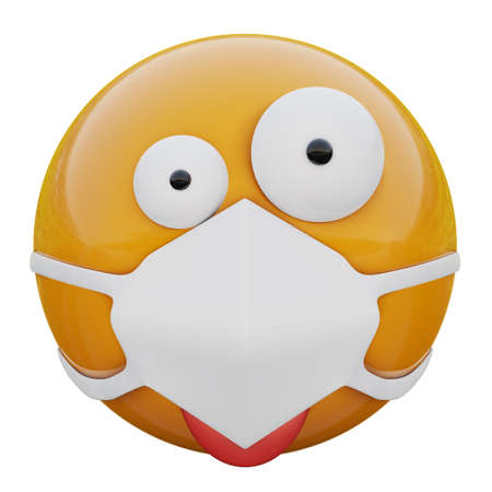 3D render of crazy emojiface in medical mask protecting from coronavirus 2019-nCoV, MERS-nCoV, sars, bird flu and other viruses, germs and bacteria and contagious disease.の写真素材