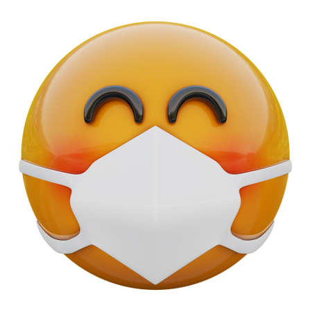 3D render of blushing yellow emojifacein medical mask protecting from coronavirus 2019-nCoV, MERS-nCoV, sars, bird flu and other viruses, germs and bacteria and contagious disease.の写真素材