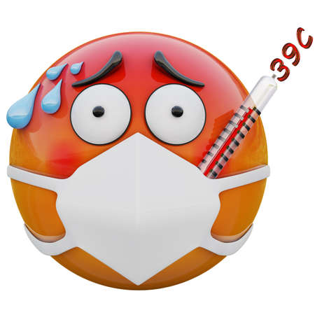 3D render of yellow emojiface with fever and Thermometer in medical mask protecting from coronavirus 2019-nCoV, MERS-nCoV, sars, bird flu and other viruses, germs and bacteria and contagious disease.の写真素材