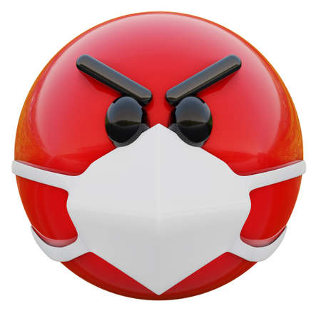 3D render of angry and furious emoji face in medical mask protecting from coronavirus 2019-nCoV, MERS-nCoV, sars, bird flu and other viruses, germs and bacteria and contagious disease.の写真素材