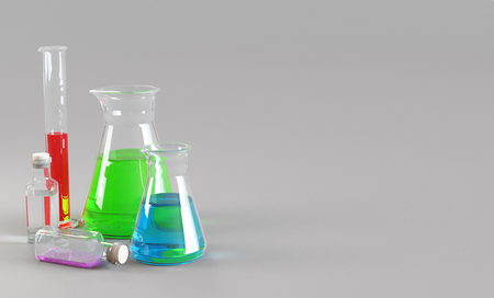 Glass test tubes with chemicals, renderの写真素材