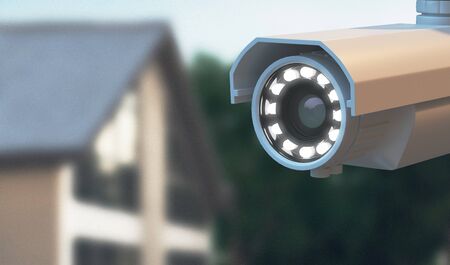 Surveillance camera with house on background, 3d render