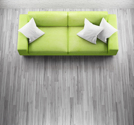 Modern green sofa with parquet and pillow, 3d render illustrationの写真素材
