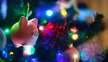 Piggy bank on Christmas tree, moneyの写真素材