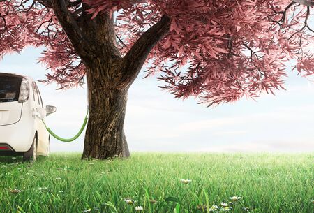Electric car charges in a tree, 3d render illustrationの写真素材