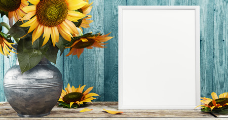 White frame with sunflowers, 3d render illustrationの写真素材
