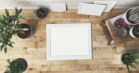 White frame on a wooden floor, 3d render illustrationの写真素材