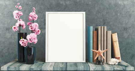 White canvas on table with flowers, 3d render illustration