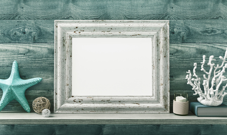 White canvas with shell and coral, 3d render illustrationの写真素材