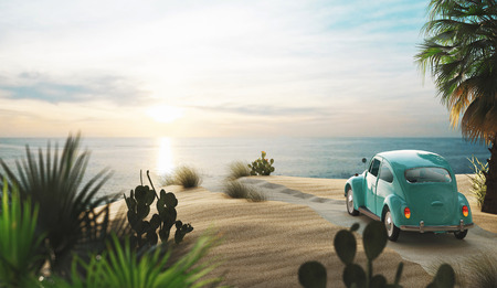 Sunset on the beach with vintage car, 3d render illustrationの写真素材