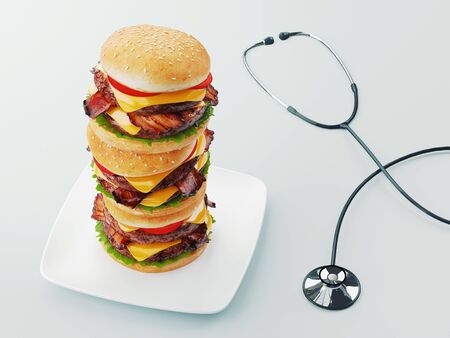 Hamburger. Fast food diet concept, Compulsive overeating and dieting. 3d renderingの写真素材