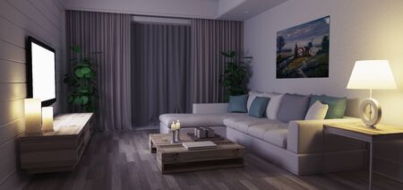 Luxury Modern Living Room, 3d rendering illustration