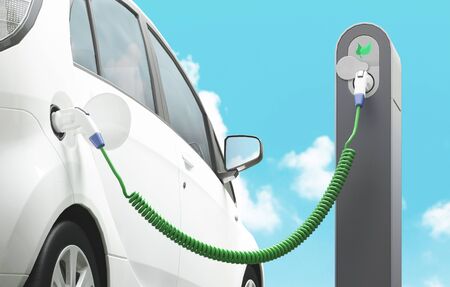 Power supply for electric car charging. Electric car charging station. 3d rendering illustration