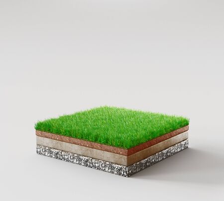 Ground or soil layers. Perspective empty space of green grass square isolated on white background. 3d renderingの写真素材