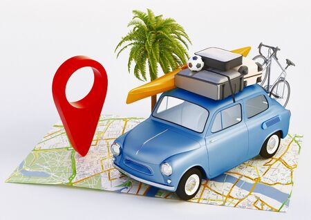 Summer vacation. Car travel concept. 3d rendering