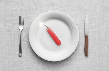 Knife and fork with plate, top view, 3d rendering illustrationの写真素材