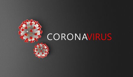 Coronavirus microscopic view. Dangerous   ncov corona virus, SARS pandemic risk concept with text on grey background. 3d renderingの写真素材