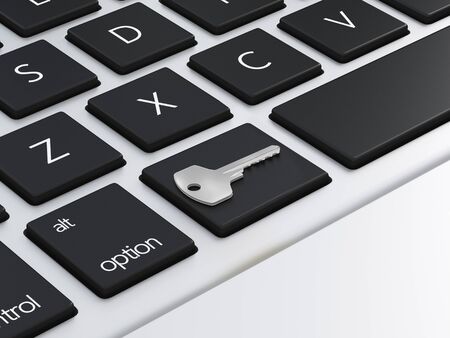 Close up Laptop Computer on Top of Office Table of a Businessman with Empty White Screen, 3d...