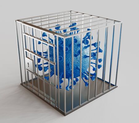 Trapped or caged Coronavirus. Flu shot. Dangerous ncov corona virus, SARS pandemic risk. Solution concept. 3d renderingの写真素材