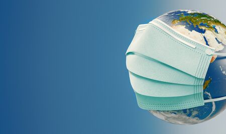 Coronavirus 3d rendering illustration concept. Floating influenza virus cells. Earth with mask