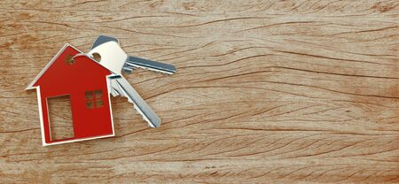 Symbol of the house with silver key on vintage wooden background. 3d rendering
