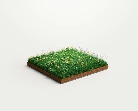 Ground or soil layers. Perspective empty space of green grass square isolated on white background. 3d rendering illustrationの写真素材