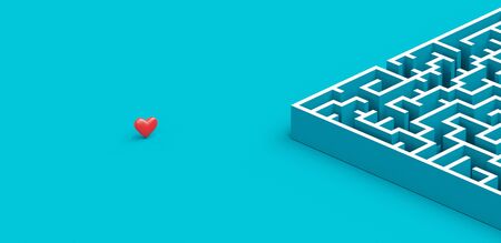 The complex world of emotions. Red heart hidden inside a maze. Love concept. 3d renderingの写真素材